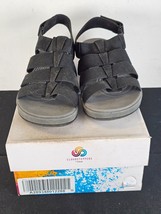 Clarks Cloudsteppers Sz 10 Black 2” Wedge Sandals Open toe Adjust Heel Strap - £29.56 GBP