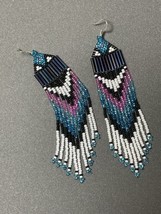 Pink, Blues, Black, & White Fringe Glass Seed Bead Earrings - Handmade - £31.64 GBP
