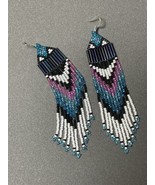 Pink, Blues, Black, &amp; White Fringe Glass Seed Bead Earrings - Handmade - £31.60 GBP