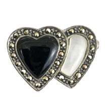 MT onyx mother of pearl marcasite sterling silver brooch - vtg b/w double heart - £19.75 GBP