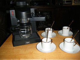 Melitta MEX1B Espresso Cappuccino Maker Machine w/Demitasse Cups Saucers Spoons - $64.96