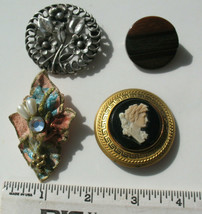 Lot of 4 VINTAGE Pins Silver one Round Metal Filigree Flower Cameo Wood Paper - £19.77 GBP