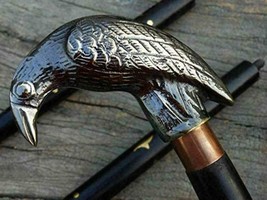 Antique Brass Crow Head Handle Vintage Wooden Walking Stick Cane Men Women Gift - £27.32 GBP