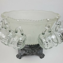 Vintage 1950s Punch Bowl w/ Pewter Base &amp; 7 Cups 12&quot; Round x 10&quot; Tall (w/ stand) - £64.06 GBP