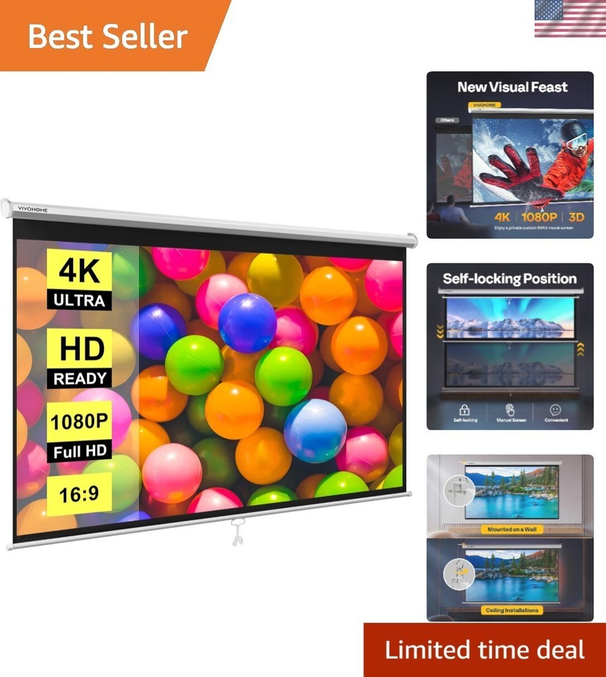 Portable 80 Inch White Projector Screen - 4K Ready for Movies &amp; Presenta... - £125.16 GBP