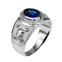 Sterling Silver Skull and Bones Sign Blue Sapphire CZ September Birthsto... - $59.99