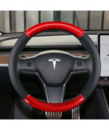 Non-Slip Carbon Fiber & Genuine Leather Steering Wheel Cover for Tesla Model 3 - $35.99
