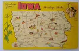 Greetings From Iowa Map Chrome Postcard Hawkeye State Goldfinch Bird Cows Crops - £8.35 GBP