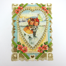 Vintage Valentine Card Die cut Bifold Girl &amp; Boy Ice Skating Flowers Emb... - $7.99