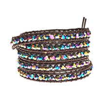 Mystique Rainbow Multicolor Crystal 5-Wrap Brown Leather Bracelet - £15.89 GBP