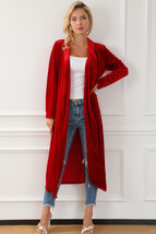 Fiery Red Velvet Open Front Pocketed Long Duster - $31.77