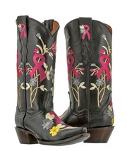 Womens Black Breast Cancer Awareness Ribbon Embroidered Cowgirl Boots Snip Toe - £86.79 GBP