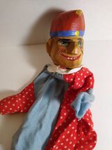 Hand Carved Wood Clown Hand Finger Puppet Red Blue Polka Dot Italy 11" - $80.99