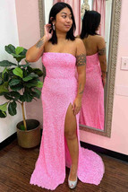Strapless Pink Sequins Prom Dress with Slit,Sparkly White Night Dresses Party Ev - £131.95 GBP