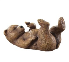 Brown Bear Figurine Playful Laying with Butterfly 12" Long Resin Garden Decor