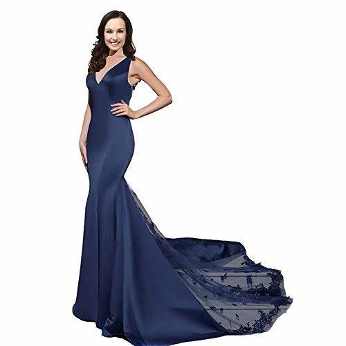 Sexy Mermaid V Neck Long Sheer Back Lace Formal Prom Evening Dresses Dark Navy U