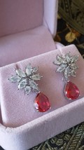 Vintage 1990-s Ruby and Zircons Sterling Silver Earrings in Original Box. - £74.89 GBP