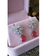 Vintage 1990-s Ruby and Zircons Sterling Silver Earrings in Original Box. - $133.06 CAD