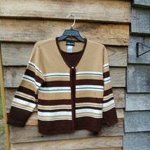 Sag Harbor Vtg. Women&#39;s Open Front Sweater Brown Tan White L Sleeves Siz... - $16.83