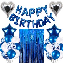 Blue Birthday Party Decorations Set With Blue Happy Birthday Balloons Ba... - £21.25 GBP