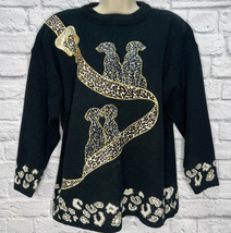 Vintage Maurada Womens Sweater Long Sleeve Size L Black Dogs Leopard Cheetah - £21.72 GBP