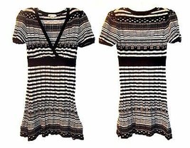 Forever Black, White &amp; Gray Striped Sweater Dress with V Neckline Size Jrs L - £21.52 GBP