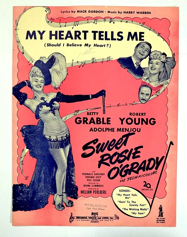  My Heart Tells Me Sweet  Rosie O&#39;Grady Betty  Grable Sheet Music 1943  ... - £3.89 GBP