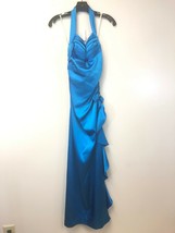 Blondie Juniors Halter Blue Long Formal Dress, Ruffle, Bow, Altered, Size 1, EUC - £20.12 GBP
