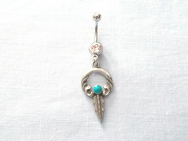 Engraved Feather Dream Catcher with Turquoise Blue Dot 14g Clear CZ Belly Ring - £6.36 GBP
