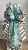 1 Pcs Aqua &amp; Beige Bicycle Spring Easter Wired Wreath Bow 10 Inch #MNDC - £31.05 GBP