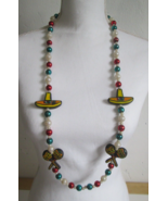 Vintage 19&quot; Enamel &quot;Sombrero &amp; Maracas&quot; Mardi Gras Teal/Red/White Beads ... - $16.24 CAD