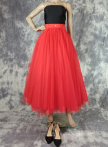 Red A-line Long Tulle Skirt Women Custom Plus Size Tulle Skirt with Pockets