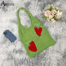  designer beach totes knitted vest strawberry pattern crochet bag large capacity female thumb200