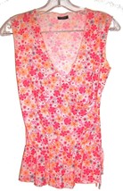 Catty Orange &amp; Pink Floral V-Neck Top w/Elastic Waist Sz M - $22.49