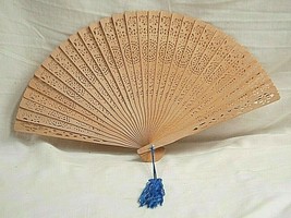 Wooden Asian Oriental Japanese Fan Hand Carved Wood Blue Tassel Original... - $19.79