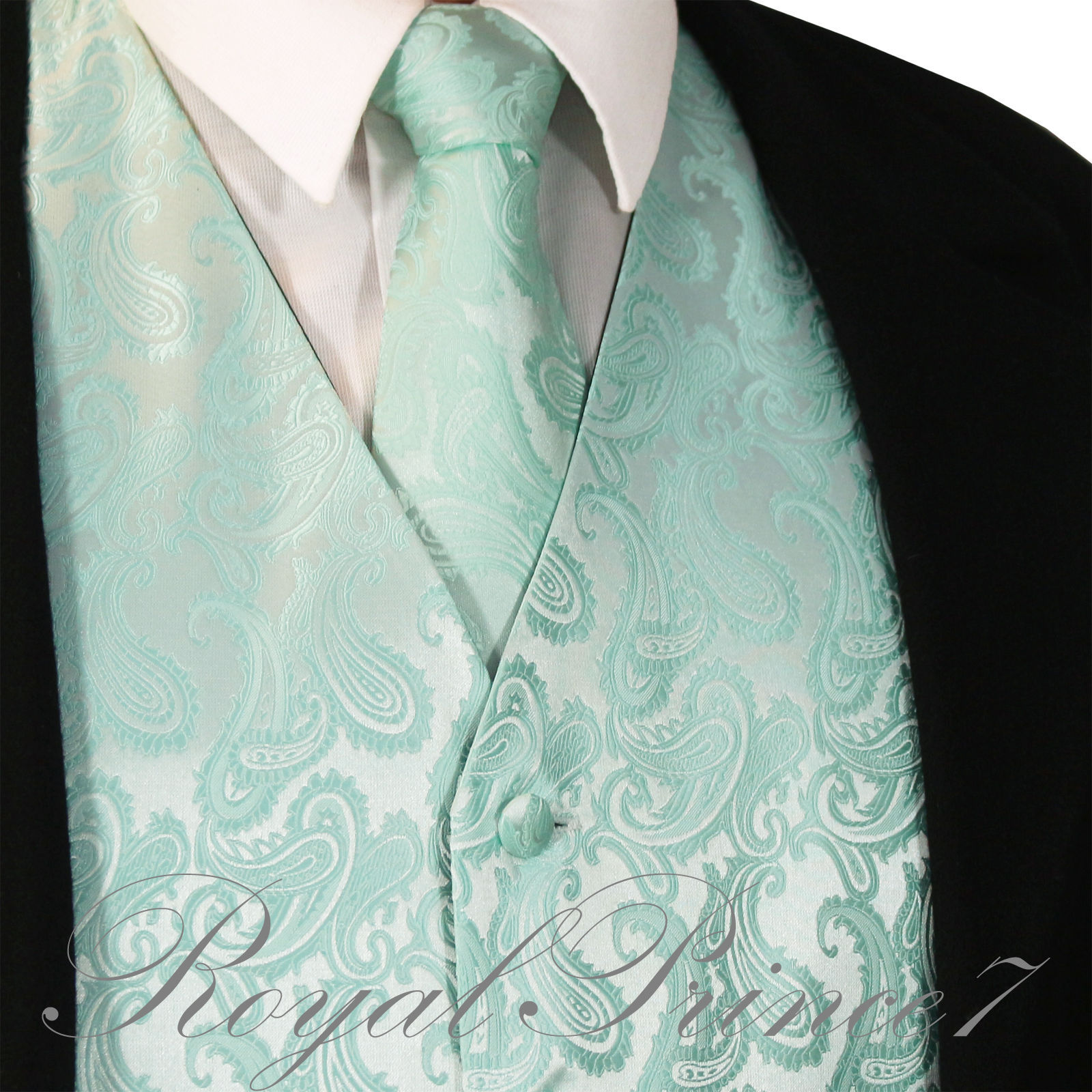Aqua Mint Green XS to 6XL Paisley Tuxedo Dress Vest Waistcoat & Neck tie Wedding - £19.39 GBP - £23.38 GBP