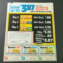 VTG Retro 1983 Glad Back to School Money-Back Offer Sandwich Bags Ad Coupon - $19.00