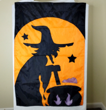 Witch at Cauldron Garden Flag Halloween 27 x 40 inches Nylon Vtg Embroidery - £7.44 GBP