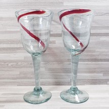 2-Mexican Art Glass Hand-Blown Swirl Wine Glass Goblets Green/Red - $20.67