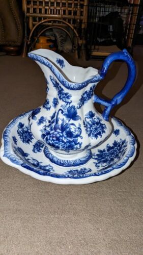 Primary image for Cracker Barrel wash basin & pitcher blue floral pattern Mint Condition No Flaws