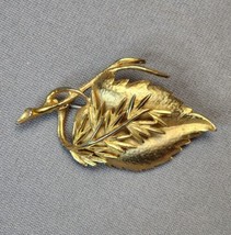 Vintage Leaf Branch Brooch Textured Satin Gold-tone Pin Women&#39;s Costume Jewelry - £18.84 GBP