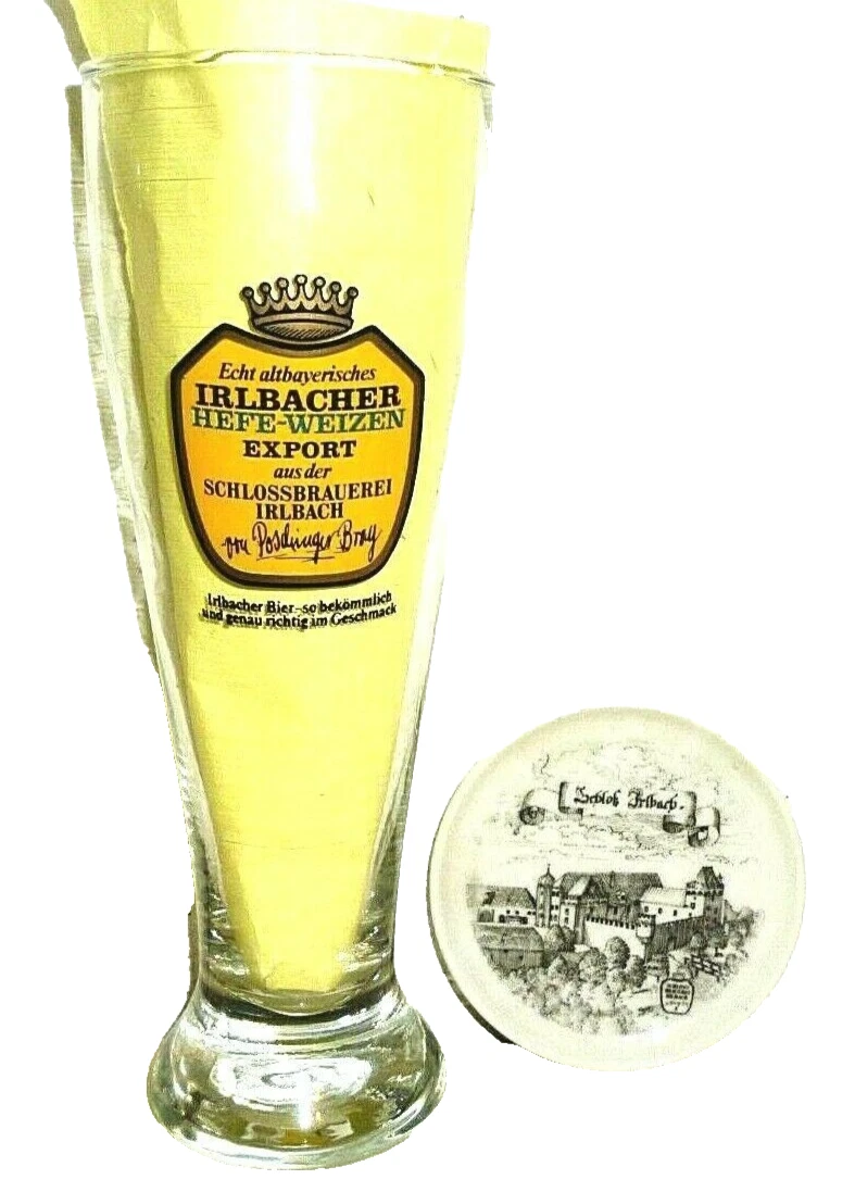 Irlbacher Schlossbrauerei Irlbach Weizen German Beer Glass &amp; Ceramic Coa... - $12.95