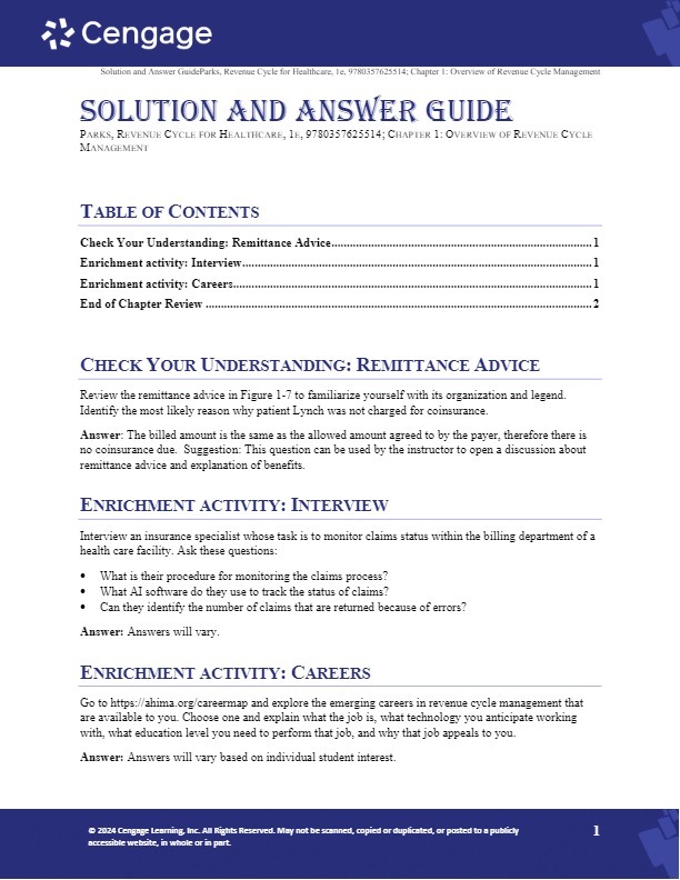 Solution Manual For Revenue Cycle for Healthcare 1st Edition by Linda Pa... - $17.99