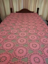 Pink vintage crocheted coverlet 66&quot;x 86&quot; Used Bedspread Tablecloth Handmade - £55.98 GBP