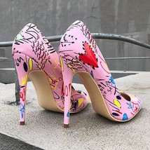 Veowalk Artistic Graffiti Print Women Sexy Stiletto High Heels Pink Ladies Party - £57.98 GBP