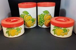 Vintage Ballonoff USA Set of 4 Metal Canisters Beige Fruit Design 4.25 a... - $44.54