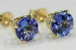 4CT Round Cut Simulated Tanzanite Solitaire Stud Earring 14k Yellow Gold Plated - £26.35 GBP
