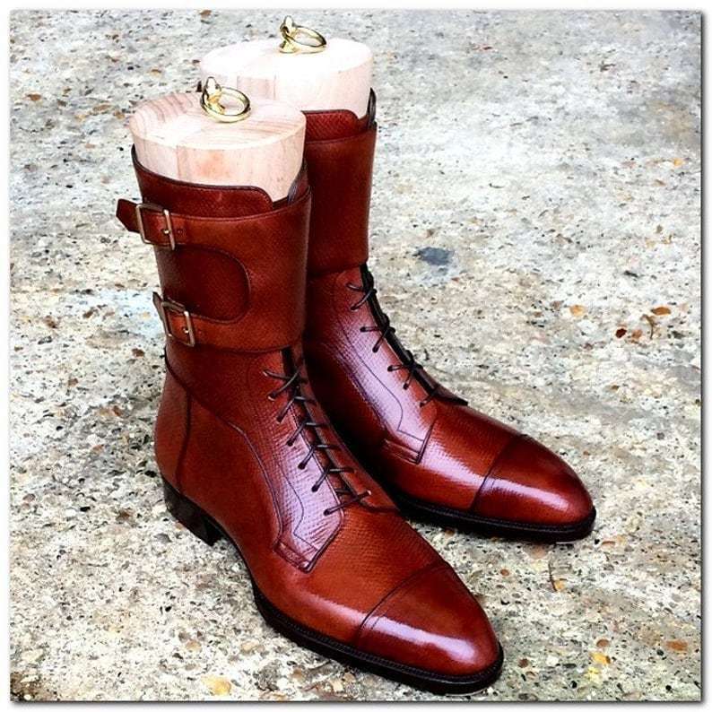 Primary image for handmade men's tan brown ankle high boots men's handmade brown leather long boot
