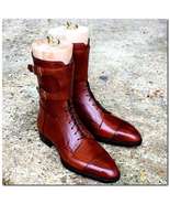 handmade men&#39;s tan brown ankle high boots men&#39;s handmade brown leather l... - £125.85 GBP+