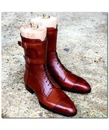 handmade men&#39;s tan brown ankle high boots men&#39;s handmade brown leather l... - $159.99+
